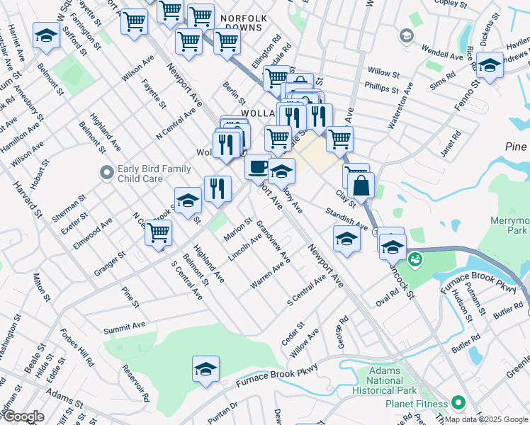 map of restaurants, bars, coffee shops, grocery stores, and more near 12 Newport Terrace in Quincy