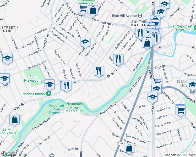 map of restaurants, bars, coffee shops, grocery stores, and more near 731-733 River Street in Boston