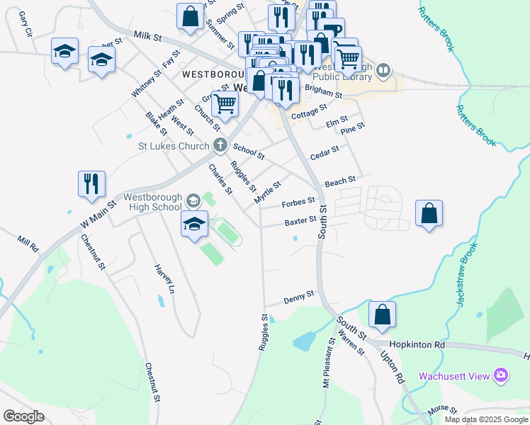 map of restaurants, bars, coffee shops, grocery stores, and more near 18 Forbes Street in Westborough
