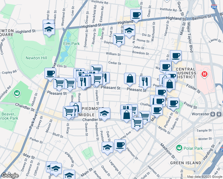 map of restaurants, bars, coffee shops, grocery stores, and more near 219 Pleasant Street in Worcester