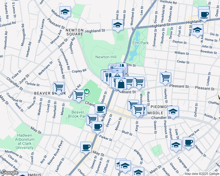 map of restaurants, bars, coffee shops, grocery stores, and more near 521 Pleasant Street in Worcester
