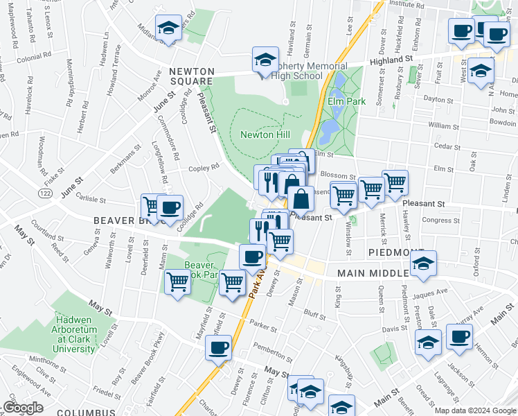 map of restaurants, bars, coffee shops, grocery stores, and more near 5 Norman Avenue in Worcester