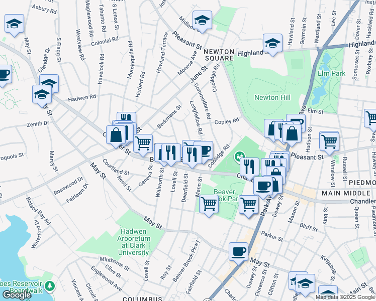map of restaurants, bars, coffee shops, grocery stores, and more near 75 Brownell Street in Worcester