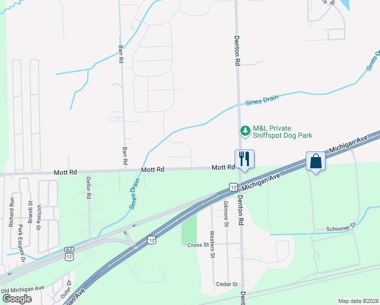 map of restaurants, bars, coffee shops, grocery stores, and more near 49900 Mott Road in Canton