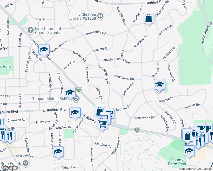 map of restaurants, bars, coffee shops, grocery stores, and more near 2421 Londonderry Road in Ann Arbor