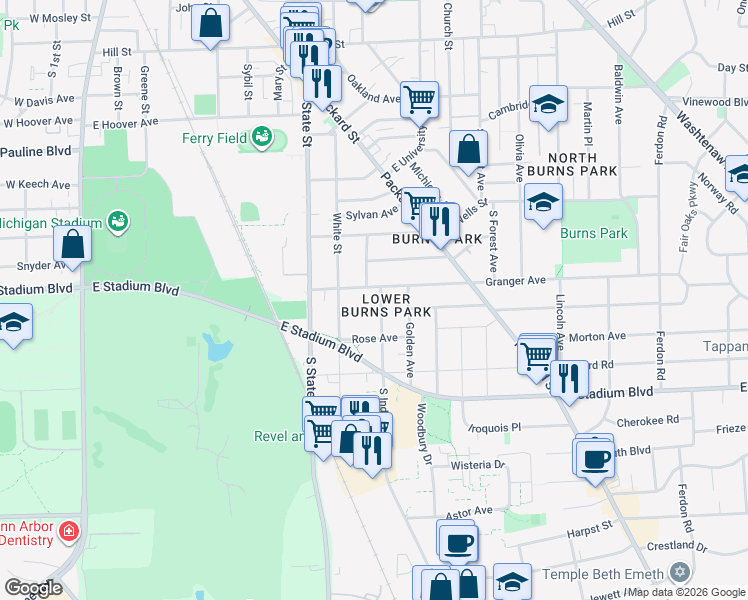 map of restaurants, bars, coffee shops, grocery stores, and more near in Ann Arbor