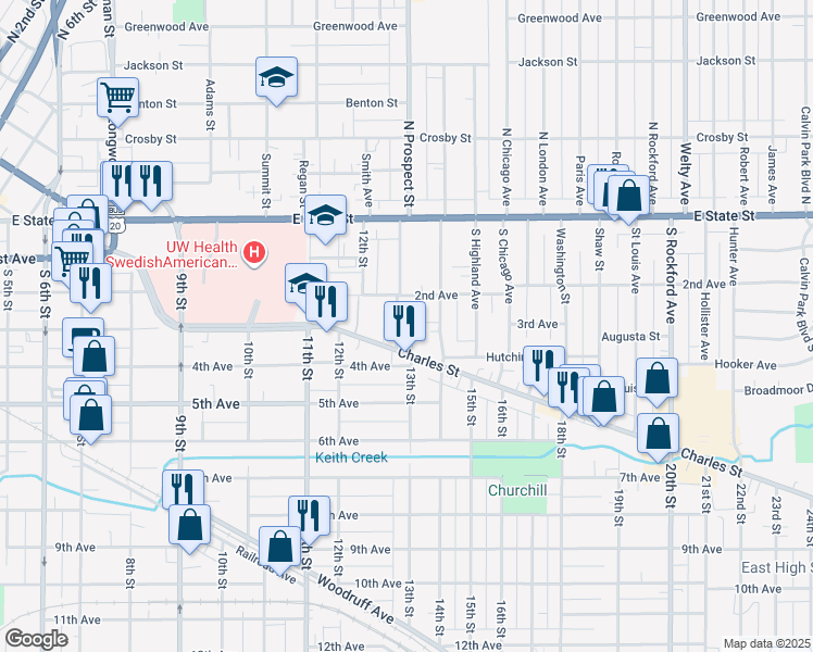 map of restaurants, bars, coffee shops, grocery stores, and more near 1619 2nd Avenue in Rockford