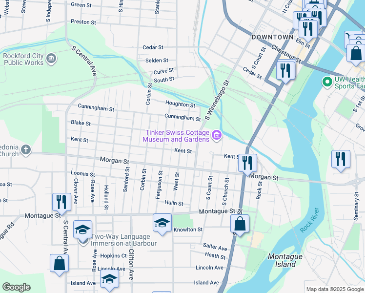 map of restaurants, bars, coffee shops, grocery stores, and more near 916 West Street in Rockford
