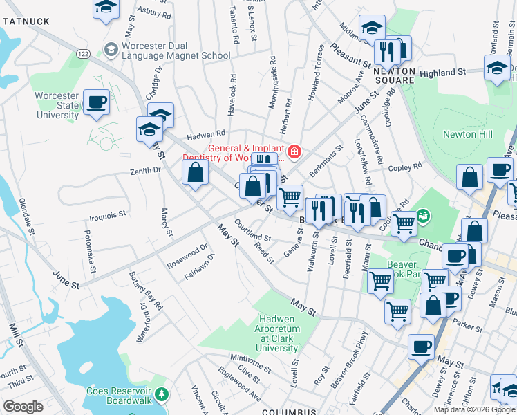 map of restaurants, bars, coffee shops, grocery stores, and more near in Worcester