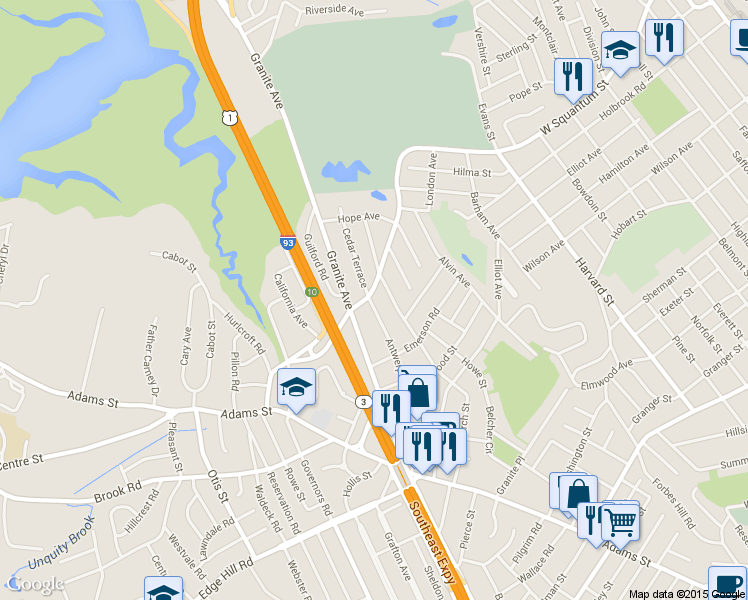 map of restaurants, bars, coffee shops, grocery stores, and more near 75 Squantum Street in Milton