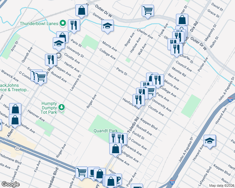 map of restaurants, bars, coffee shops, grocery stores, and more near 2205 Cicotte Avenue in Lincoln Park