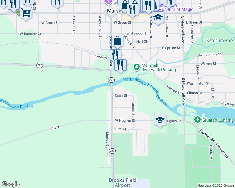map of restaurants, bars, coffee shops, grocery stores, and more near 306 Crary Street in Marshall