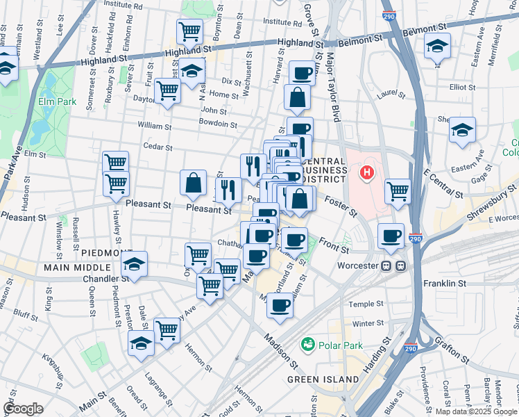 map of restaurants, bars, coffee shops, grocery stores, and more near 55 Pearl Street in Worcester