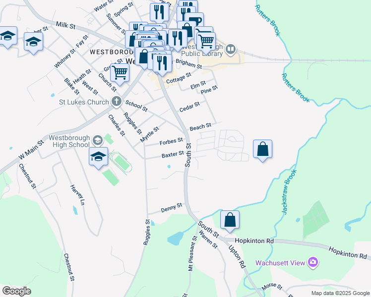 map of restaurants, bars, coffee shops, grocery stores, and more near 81 South Street in Westborough