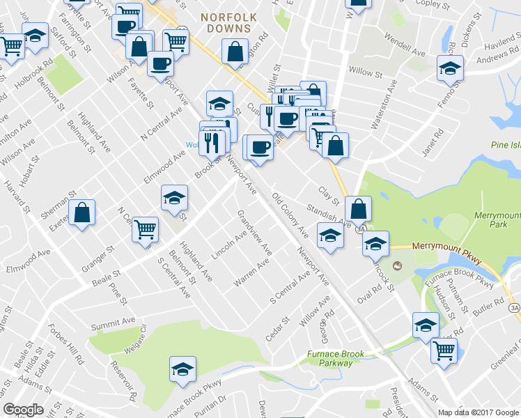 map of restaurants, bars, coffee shops, grocery stores, and more near 389 Newport Avenue in Quincy