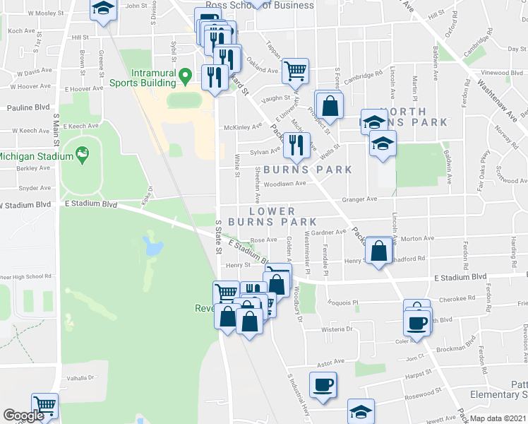 map of restaurants, bars, coffee shops, grocery stores, and more near 1404 East Park Place in Ann Arbor