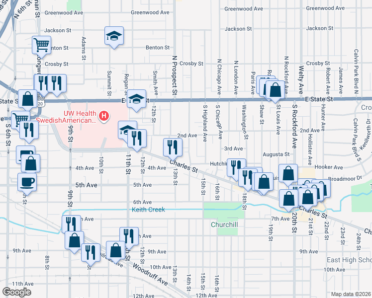 map of restaurants, bars, coffee shops, grocery stores, and more near 327 South Gardiner Avenue in Rockford