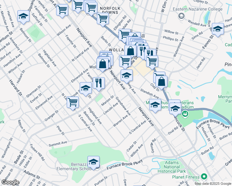 map of restaurants, bars, coffee shops, grocery stores, and more near 48 Grandview Avenue in Quincy