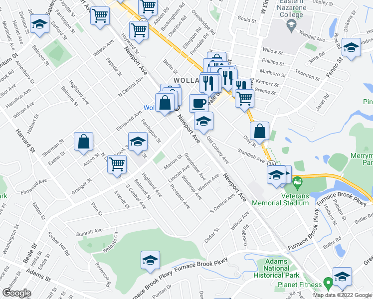 map of restaurants, bars, coffee shops, grocery stores, and more near 48 Grand View Ave in Quincy