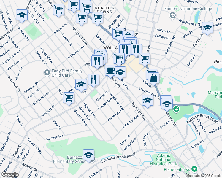 map of restaurants, bars, coffee shops, grocery stores, and more near 48 Grandview Avenue in Quincy