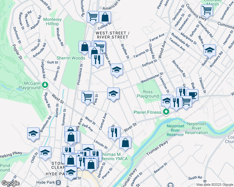 map of restaurants, bars, coffee shops, grocery stores, and more near 650 Metropolitan Avenue in Boston