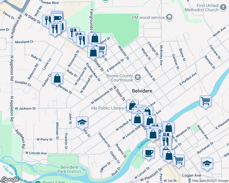 map of restaurants, bars, coffee shops, grocery stores, and more near 616 North State Street in Belvidere