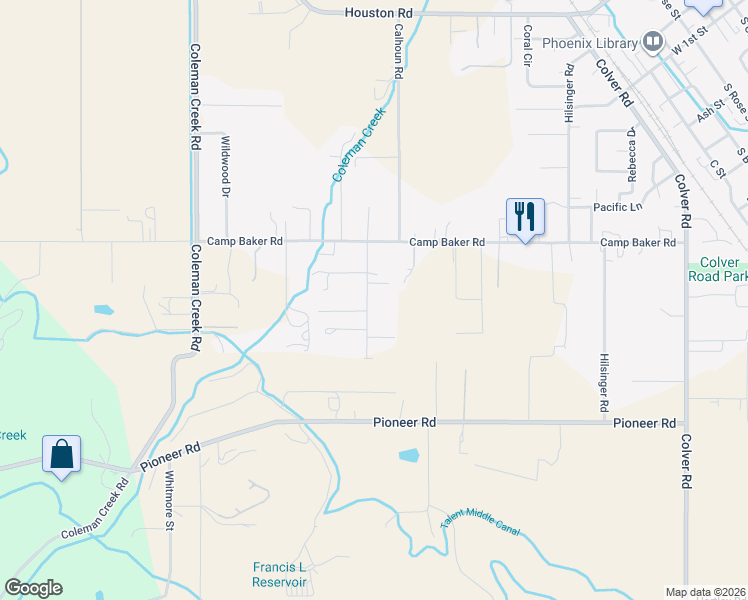 map of restaurants, bars, coffee shops, grocery stores, and more near 4135 Cedar Lane in Medford