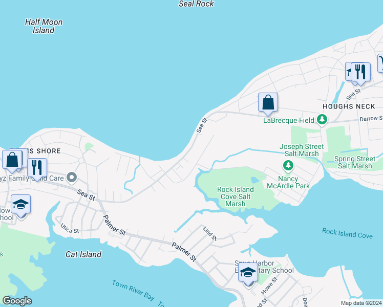 map of restaurants, bars, coffee shops, grocery stores, and more near 713 Sea Street in Quincy