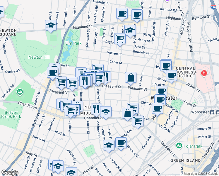 map of restaurants, bars, coffee shops, grocery stores, and more near 258 Pleasant Street in Worcester