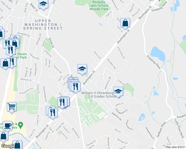 map of restaurants, bars, coffee shops, grocery stores, and more near 5096 Washington Street in Boston