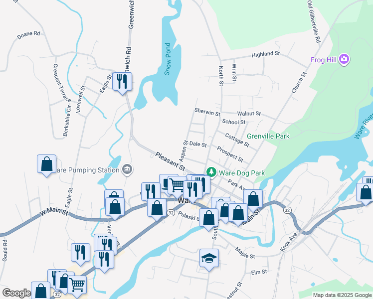 map of restaurants, bars, coffee shops, grocery stores, and more near 21 Aspen Street in Ware