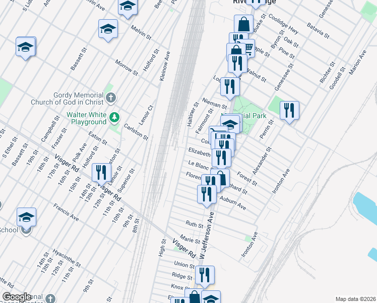map of restaurants, bars, coffee shops, grocery stores, and more near 286 Haltiner Street in River Rouge