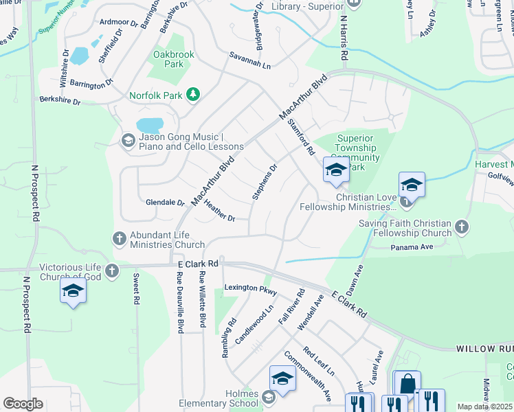 map of restaurants, bars, coffee shops, grocery stores, and more near 1630 Stephens Drive in Washtenaw County