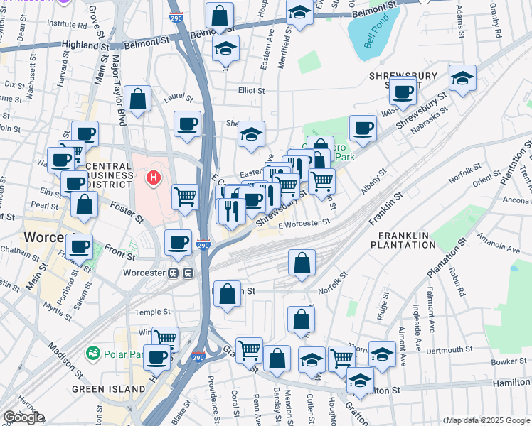 map of restaurants, bars, coffee shops, grocery stores, and more near 108 Shrewsbury Street in Worcester