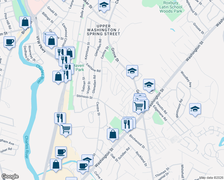 map of restaurants, bars, coffee shops, grocery stores, and more near 71 Walnut Road in Boston