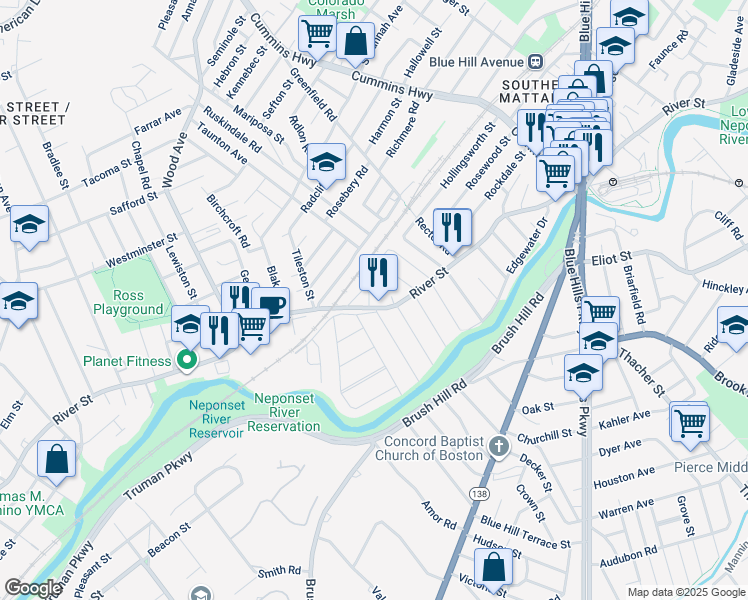 map of restaurants, bars, coffee shops, grocery stores, and more near 731 River Street in Boston