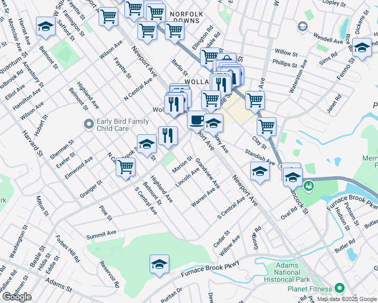 map of restaurants, bars, coffee shops, grocery stores, and more near 39 Grandview Avenue in Quincy