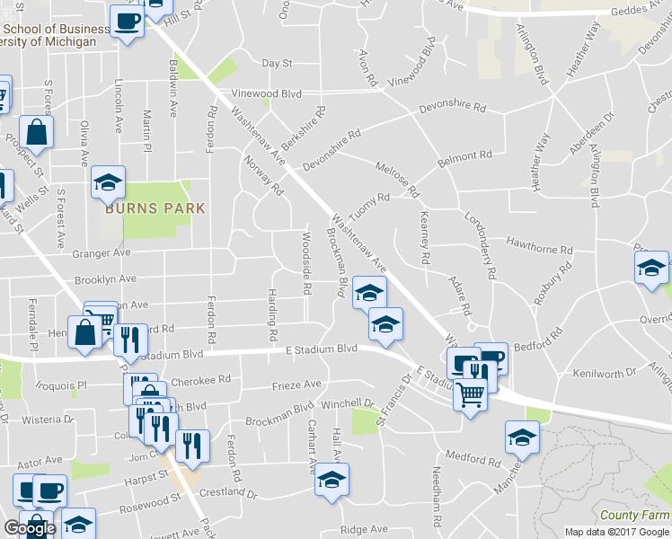 map of restaurants, bars, coffee shops, grocery stores, and more near 2132 Brockman Boulevard in Ann Arbor