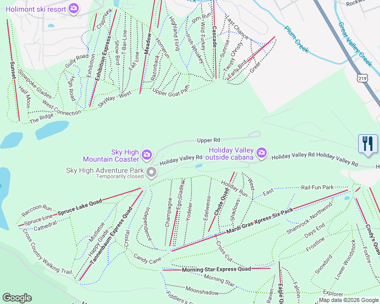 map of restaurants, bars, coffee shops, grocery stores, and more near 6750 Holiday Valley Road in Ellicottville