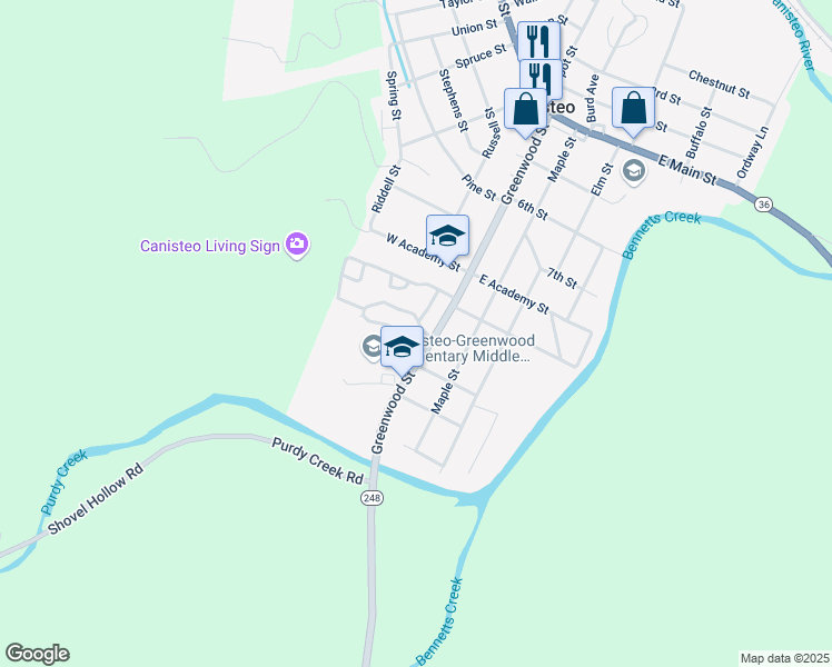 map of restaurants, bars, coffee shops, grocery stores, and more near 84 Greenwood Street in Canisteo