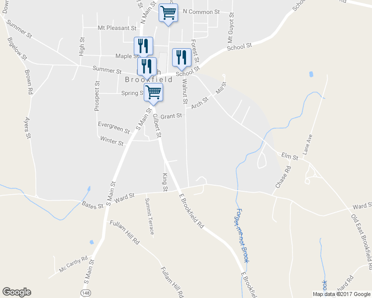 map of restaurants, bars, coffee shops, grocery stores, and more near 64 Walnut Street in North Brookfield
