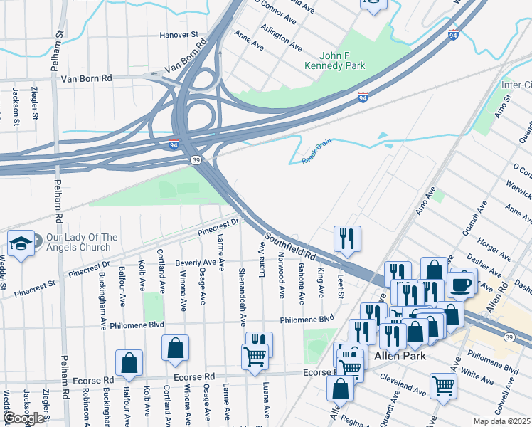 map of restaurants, bars, coffee shops, grocery stores, and more near 16850 Southfield Road in Allen Park