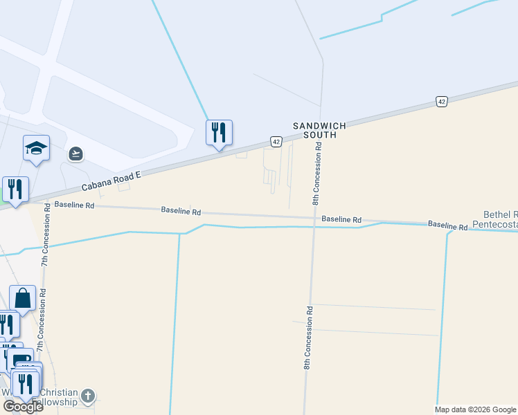 map of restaurants, bars, coffee shops, grocery stores, and more near 4160 Baseline Road in Windsor