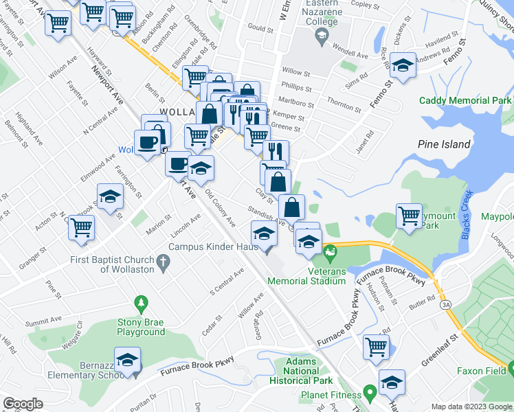 map of restaurants, bars, coffee shops, grocery stores, and more near 72 Standish Avenue in Quincy