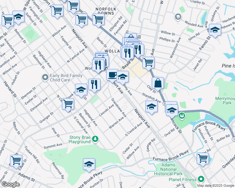 map of restaurants, bars, coffee shops, grocery stores, and more near 12 Newport Terrace in Quincy