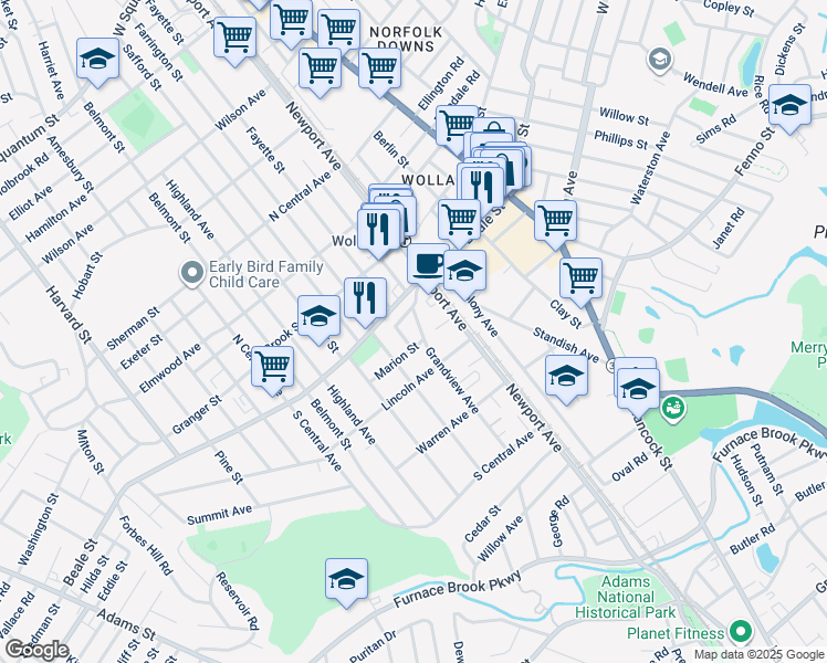 map of restaurants, bars, coffee shops, grocery stores, and more near 22 Park Street in Quincy