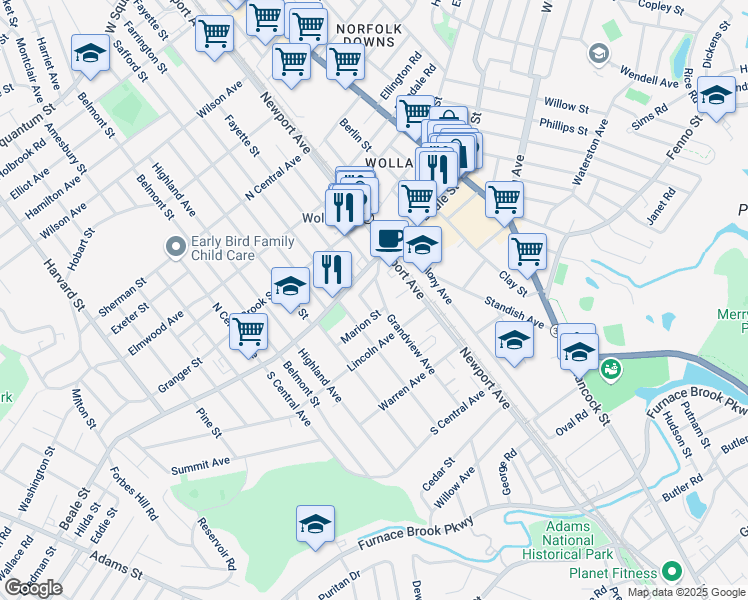 map of restaurants, bars, coffee shops, grocery stores, and more near 22 Park Street in Quincy