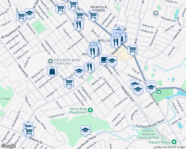 map of restaurants, bars, coffee shops, grocery stores, and more near 163-169 Beale Street in Quincy