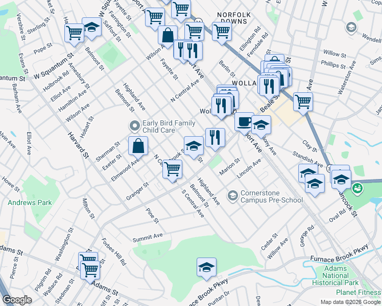 map of restaurants, bars, coffee shops, grocery stores, and more near 182 Taylor Street in Quincy