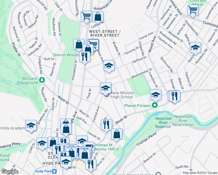 map of restaurants, bars, coffee shops, grocery stores, and more near in Boston